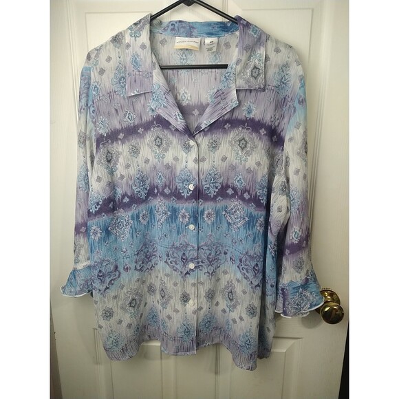 Alfred Dunner Woman 20W Semi Sheer Shirt Collared Ruffle Sleeve Cottage... - Picture 1 of 10